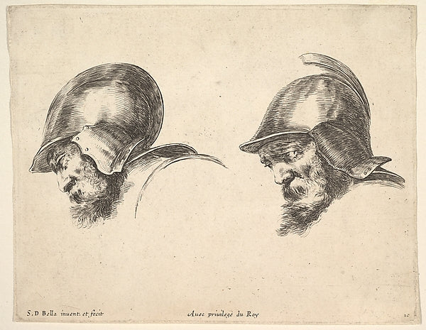 Stefano della Bella :Plate 10: two heads of old soldiers wea-16x12"(A3) Poster