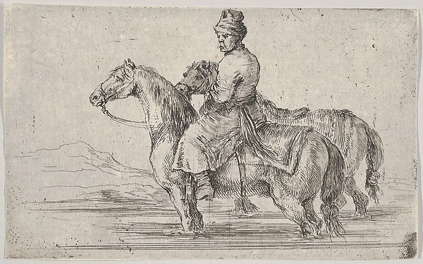 Stefano della Bella :A valet taking two horses to bathe sitt-16x12"(A3) Poster