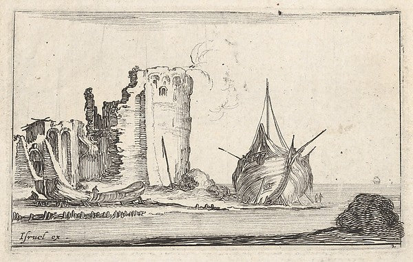 Stefano della Bella :Plate 2: a ship at right and a rowboat -16x12"(A3) Poster