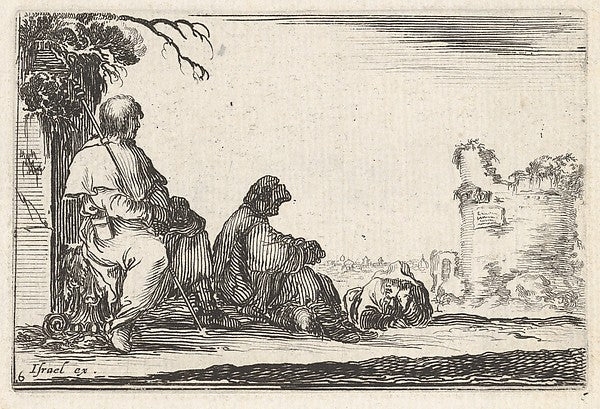 Stefano della Bella :Plate 6: two seated pilgrims and one la-16x12"(A3) Poster