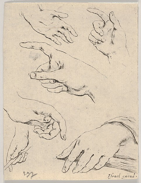 Stefano della Bella :Plate 6: six hands from 'The Book for L-16x12"(A3) Poster