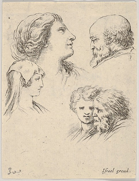 Stefano della Bella :Plate 9: five heads two young women at -16x12"(A3) Poster