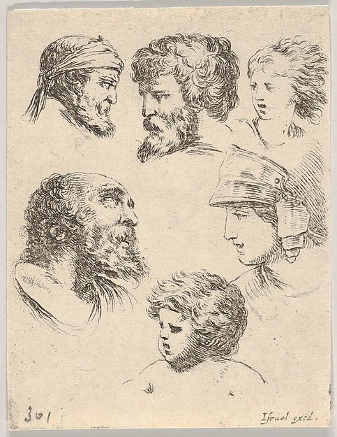 Stefano della Bella :Plate 10: six heads three bearded men o-16x12"(A3) Poster