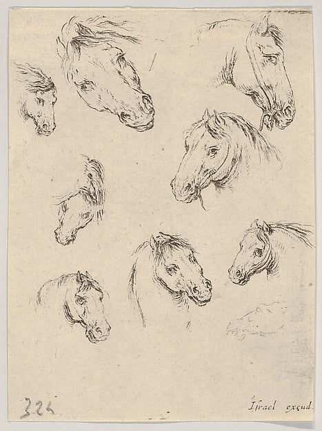 Stefano della Bella :Plate 17: Nine studies of horse heads f-16x12"(A3) Poster