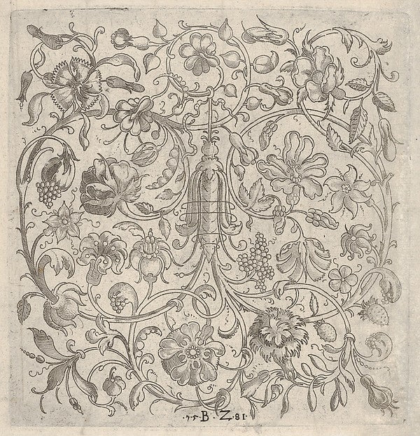 Bernhard Zan:Square Panel with Vegetal Scrollwork Flowers an-16x12"(A3) Poster