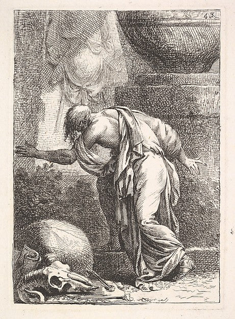 A young man  seen from behind and ascending a step towards the,  Poster Print Wall Art