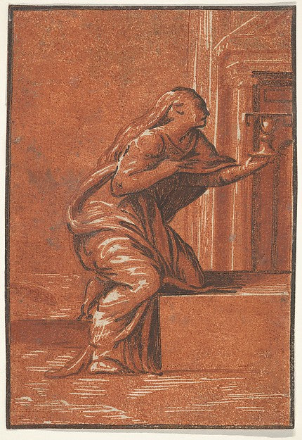 Female personification of Faith who kneels raising a chalice i,  Poster Print Wall Art