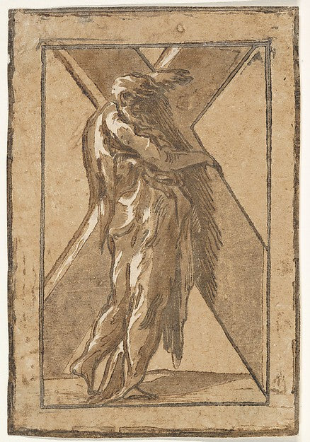 Saint Andrew standing in profile holding a large cross from a ,  Poster Print Wall Art