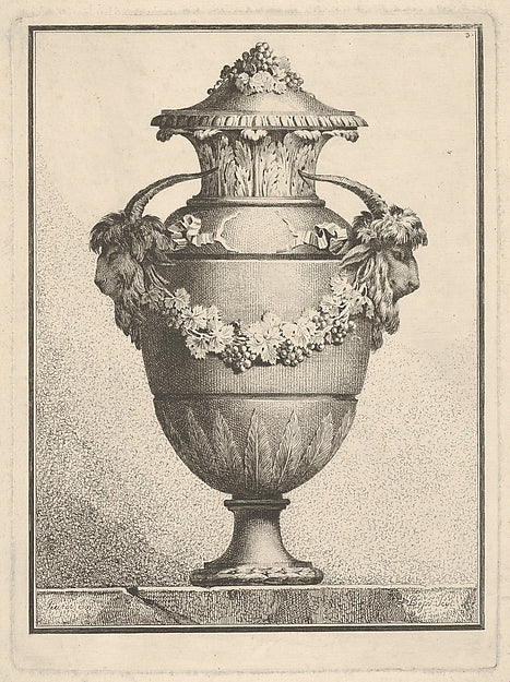 Design for a covered vase with two goat heads and a garland 17,  Poster Print Wall Art
