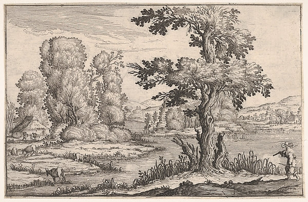 Landscape with goats grazing near a river and a figure in the ,  Poster Print Wall Art