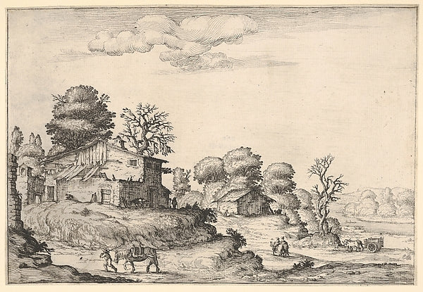 Landscape with peasant dwellings and a man leading a horse in ,  Poster Print Wall Art
