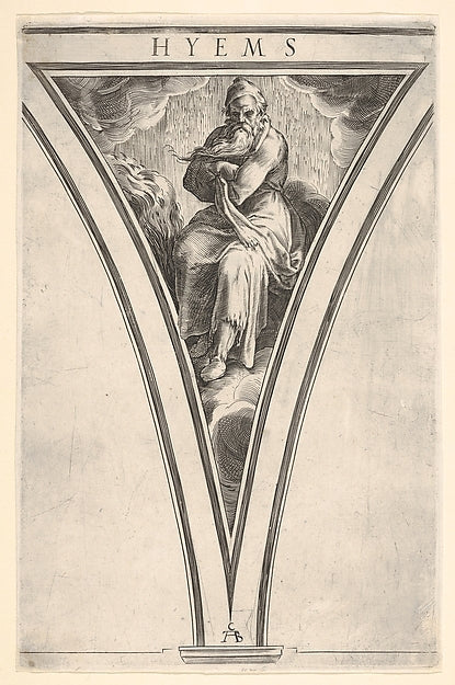 Winter   represented as a seated man crossing his arms across ,  Poster Print Wall Art