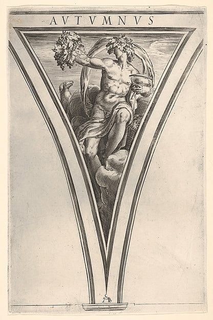 Autumn   represented as a seated male figure bearing grapes in,  Poster Print Wall Art