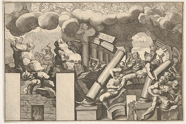 Giants crushed by rocks and the falling columns of the temple ,  Poster Print Wall Art