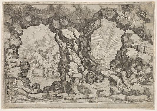 A giant heaving a boulder at center  other giants to left and ,16x12"(A3)Poster
