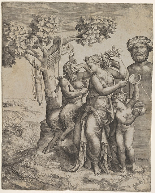 Pan seated near a female figure holding a cornucopia   at righ,  Poster Print Wall Art