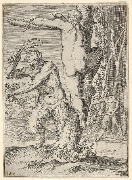 Satyr whipping a nymph  who is shown from behind and bound to ,  Poster Print Wall Art