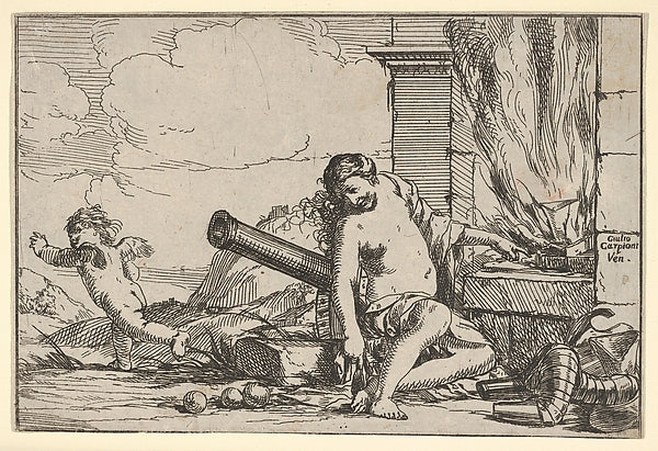 Fire  represented by Venus seated before Vulcan's forge  with ,  Poster Print Wall Art