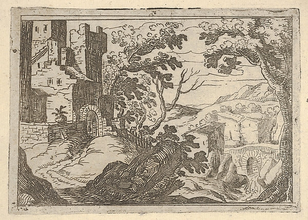 Landscape with buildings to the left and a bridge at right bel,  Poster Print Wall Art