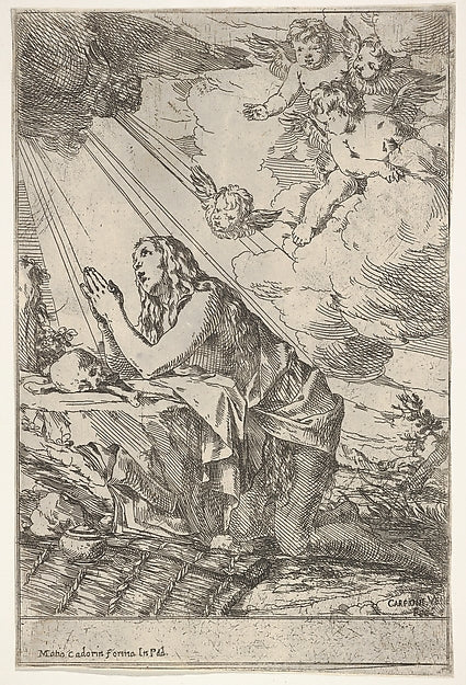 Penitent Magdalen kneeling on a rocky ground before a skull an,  Poster Print Wall Art