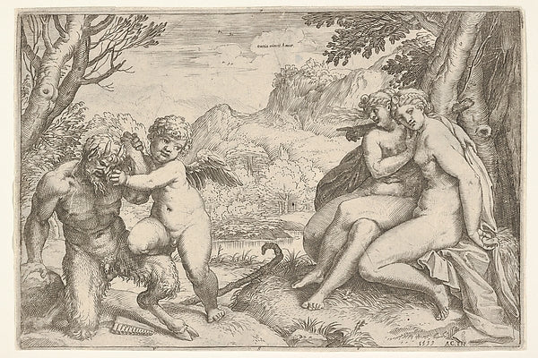 Love Conquers All   in a struggle with a satyr Amor places his,  Poster Print Wall Art