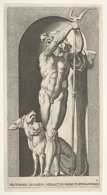 Plate 7 -  Pluto in a niche  holding a bident  with Cerberus nex,  Poster Print Wall Art