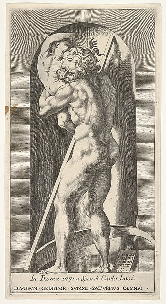 Plate 1 -  Saturn in a niche devouring his son  standing before ,  Poster Print Wall Art