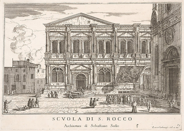 Plate 37 -  Side view of the school of St. Roch at left and view,  Poster Print Wall Art