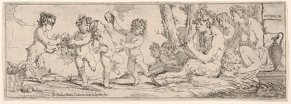 Bacchanal with satyr playing a lute and surrounded by four fig,  Poster Print Wall Art