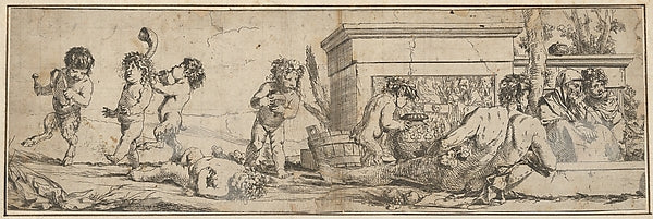 Bacchanal with infant satyrs and putti at left  a naked male f,  Poster Print Wall Art