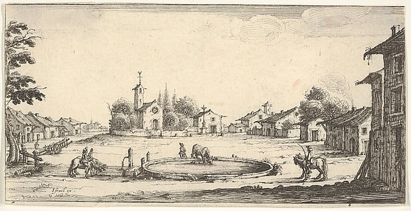 Plate 6 -  view of a village with a horse trough in center  hors,  Poster Print Wall Art