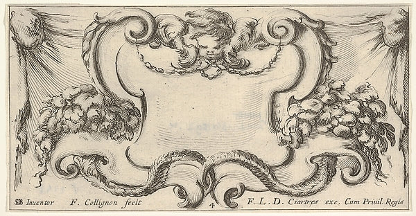 Plate 4 -  a cartouche with the head of a cherub at top center  ,  Poster Print Wall Art