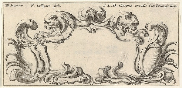 Plate 10 -  a cartouche with the heads of two lions in profile t,  Poster Print Wall Art