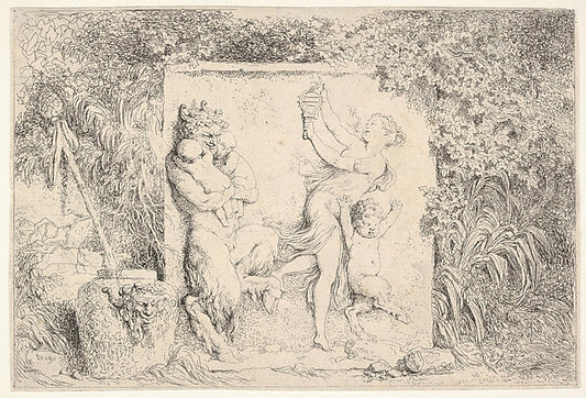 A bas-relief depicting a satyr at left holding two infants  an,16x12"(A3)Poster
