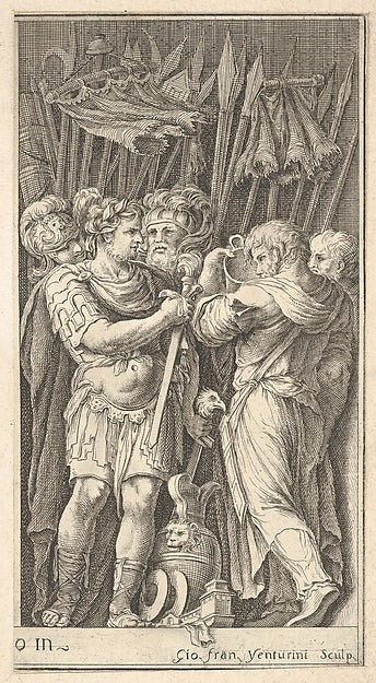 Soldiers  one shown frontally and holding a sword  at right a ,  Poster Print Wall Art