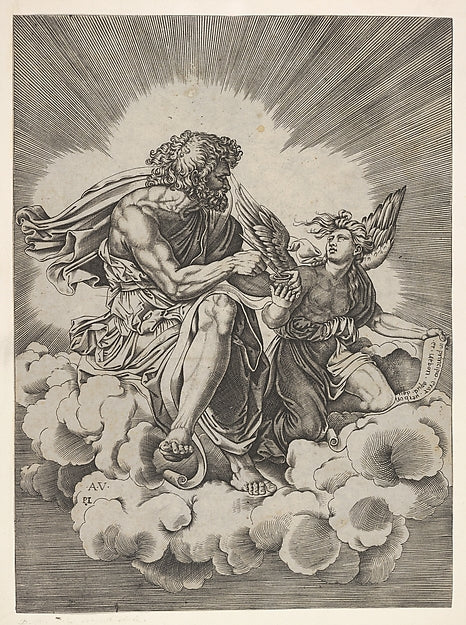 St. Matthew  seated on a cloud with legs crossed and dipping a,  Poster Print Wall Art