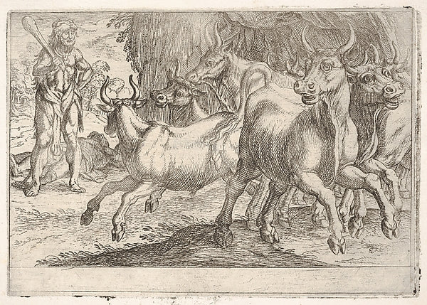 Hercules and the Oxen of Geryones -  with a club raised by his r,  Poster Print Wall Art