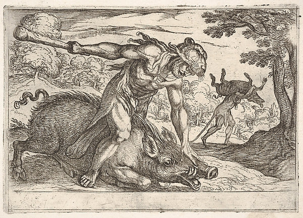 Hercules and the Boar of Erymanthus -  Hercules holds down the b,  Poster Print Wall Art