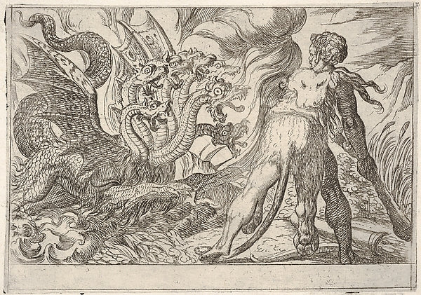 Hercules and the Hydra of Lerna: Hercules grasps his club with,  Poster Print
