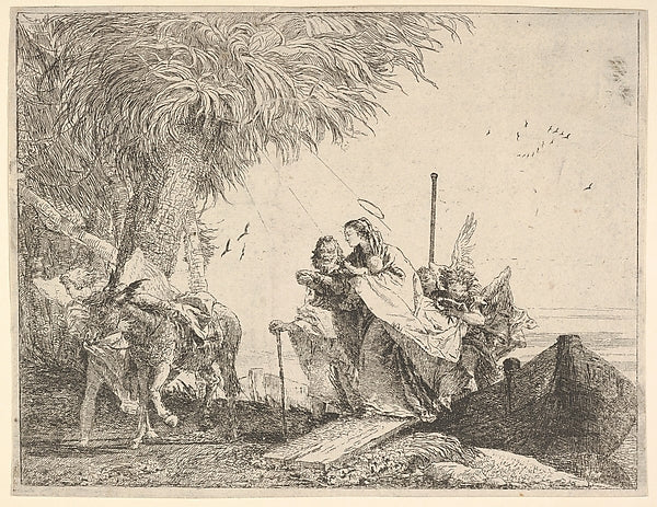 Mary  helped by Joseph and an angel  stepping from a boat to t,  Poster Print Wall Art