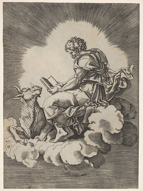 St. Luke  seated on a cloud with an open book in both hands  a,  Poster Print