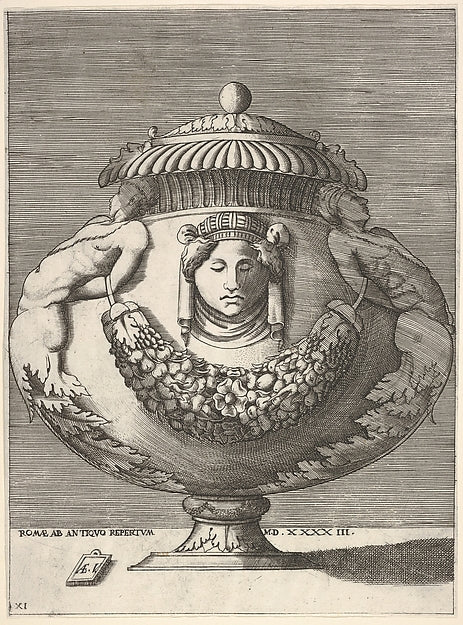 Antique Lidded Urn with Hybrid Male Sphinxes and a Female Mask,  Poster Print Wall Art