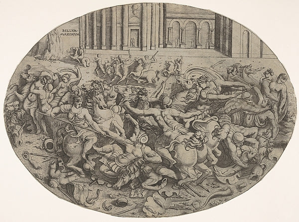 Combat between Amazons and men in front of architectural arcad,  Poster Print Wall Art