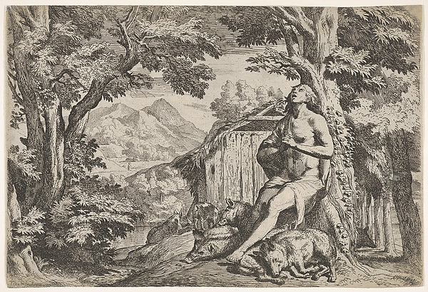 The prodigal son seated at the base of a tree among swine  his,  Poster Print Wall Art