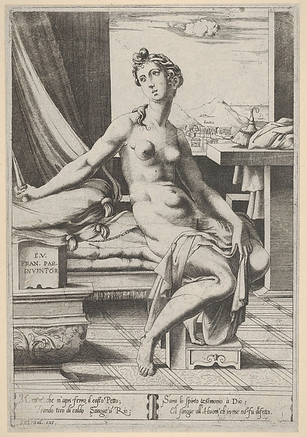 Lucretia naked and seated before a window  a dagger in her rig,  Poster Print Wall Art