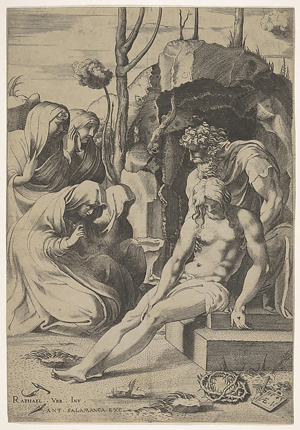 Entombment of Christ  whose chest is grasped by Joseph of Arim,  Poster Print Wall Art
