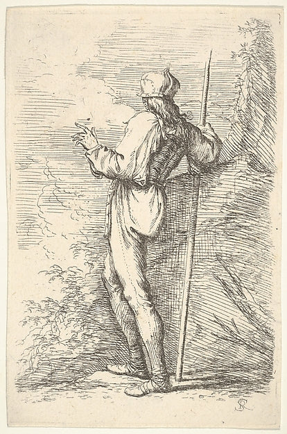 A warrior shown from behind holding a staff and leaning on a r,  Poster Print