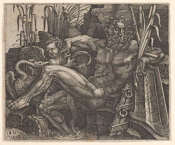 River God Po reclining on a rocky bank  a winged putto and lon,  Poster Print