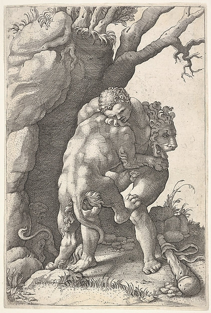 Hercules and the Nemean Lion: Hercules grasps the shoulders an,  Poster Print