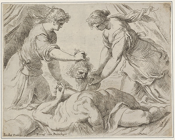 Judith placing the head of Holofernes onto a cloth held by ano,  Poster Print